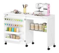 HOMCOM Folding Sewing Table Rolling Craft Table for Small Spaces White | Storage Compartments, Shelf, Lockable Castors