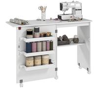 HOMCOM Folding Sewing Table Drop Leaf Craft Table Storage Bins Wheels White