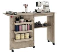 HOMCOM Folding Sewing Table, Drop Leaf Craft Table with Storage Bins, Open Shelf and Wheels, Rolling Sewing Machine Cabinet Computer Desk for Small Space, Grey Grey