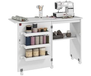 HOMCOM Folding Sewing Table, Drop Leaf Craft Table with Storage Bins, Open Shelf and Wheels, Rolling Sewing Machine Cabinet Computer Desk for Small Space, White