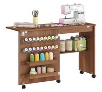 HOMCOM Folding Sewing Table Rolling Craft Table for Small Spaces Brown | Storage Compartments, Shelf, Lockable Castors