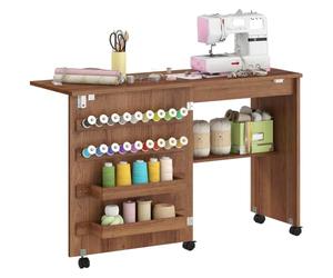 HOMCOM Folding Sewing Table Rolling Craft Table for Small Spaces Brown | Storage Compartments, Shelf, Lockable Castors