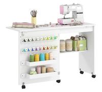 HOMCOM Folding Sewing Table Rolling Craft Table for Small Spaces White | Storage Compartments, Shelf, Lockable Castors