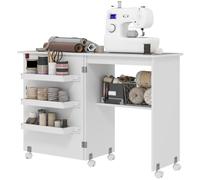 Homcom Folding Sewing Table Rolling Craft Table With Drop Leaf Wheels White White