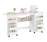 HOMCOM Folding Sewing Table with 2 Magnetic Doors for Small Spaces White | Rolling Craft, 4 Bins, 20 Pegs, Storage Shelf, Lockable Wheels, Space Saving Drop Leaf Sewing Machine Table