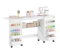 HOMCOM Folding Sewing Table with 2 Magnetic Doors, Rolling Craft Table with 4 Bins, 20 Pegs, Storage Shelf, Lockable Wheels, Space Saving Drop Leaf Sewing Machine Table for Small Spaces, White
