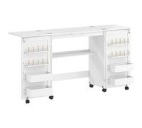 HOMCOM Folding Sewing Table with 2 Magnetic Doors, Storage Shelf, Lockable Wheels, Space Saving, White