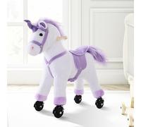 Homcom Four Wheel Sit-On Unicorn Horse Neigh Button Plush Safe Seat Handlebar Wood Frame