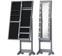 HOMCOM Free Standing Mirror Jewelry Cabinet with LED Lights, Jewellery Organiser with 3 Angle Adjustable, Full-Length Mirror with Storage for Earrings, Necklaces, Rings and Lipsticks, Grey
