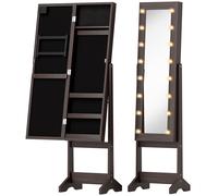 HOMCOM Free Standing Mirror Jewelry Cabinet with LED Lights, Jewellery Organiser with 3 Angle Adjustable, Full-Length Mirror with Storage for Earrings, Necklaces, Rings and Lipsticks, Dark Brown