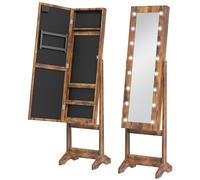 HOMCOM Free Standing Mirror Jewelry Cabinet with LED Lights, Jewellery Organiser with 3 Angle Adjustable, Full-Length Mirror with Storage for Earrings, Necklaces, Rings and Lipsticks, Rustic Brown