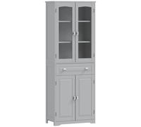 HOMCOM Freestanding Kitchen Cupboard, Storage Cabinet with 2 Adjustable Shelves, Drawer and Glass Door for Living Room, Grey