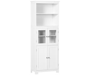 HOMCOM Freestanding Larder Cupboard, 4-Door Kitchen Storage Cabinet, Adjustable Shelf, Glass Doors for Dining Room, Living Room, White Aosom UK