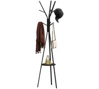 HOMCOM Freestanding Metal Coat Rack Stand 9 Hooks Clothes Tree with 1 Shelf Hat Display Hall Tree Hanger Bag Umbrella Hanging Organiser Black
