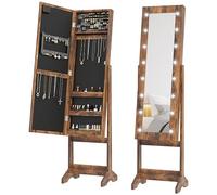 HOMCOM Freestanding Mirror Jewelry Cabinet with LED Lights, Jewellery Organiser with 3 Angle Adjustable, Full-Length Mirror with Storage for Earrings, Necklaces, Rings and Lipsticks, Rustic Brown