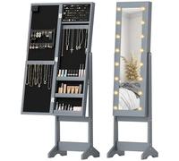 HOMCOM Freestanding Mirror Jewelry Cabinet with LED Lights, Jewellery Organiser with 3 Angle Adjustable, Full-Length Mirror with Storage for Earrings, Necklaces, Rings and Lipsticks, Grey
