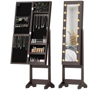 HOMCOM Freestanding Mirror Jewelry Cabinet with LED Lights, Jewellery Organiser with 3 Angle Adjustable, Full-Length Mirror with Storage for Earrings, Necklaces, Rings and Lipsticks, Dark Brown