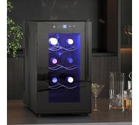 HOMCOM Mini Table Top Wine Fridge, 8 Bottle, 17L, 8-18℃, 26.5cm Quiet Under Counter Wine Cooler Fridge with Glass Door, LED Light, Digital Touch Screen, Temperature Control