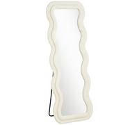 HOMCOM Full Length Mirror, 160 x 60 cm Wavy Full Body Wall Standing Mirror with Velvet Frame and Tempered Glass, Cream White