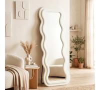 HOMCOM Full Length Mirror 160 x 60 cm Wavy Large Velvet Frame Cream White