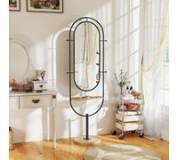 HOMCOM Full Length Mirror, Oval Free Standing Mirror with Wooden Tray, 4 Hooks and Metal Frame for Living Room, Bedroom, Cloakroom, Black