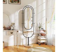 HOMCOM Full Length Mirror, Oval Free Standing Mirror with Wooden Tray, 4 Hooks and Metal Frame for Living Room, Bedroom, Cloakroom, Black