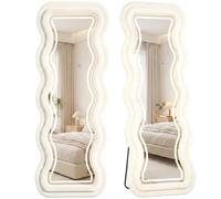HOMCOM Full Length Mirror, Wavy Velvet Frame, LED Lights, Cream White | 160 x 60 cm Arched Large Full Body Standing Mirror, HD Tempered Glass, Floor Standing, Wall Hanging or Leaning for Bedroom