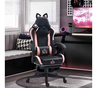 HOMCOM Gaming Chair for Adults with Cat Ears, Reclining Computer Chair with Footrest, Faux Leather Game Chair with Lumbar Support and Headrest, Height Adjustable Swivel PC Chair, Black Black