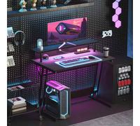 HOMCOM Gaming Desk with LED Lights and Power Outlets, 100 x 60cm Z Shaped Computer Desk with Monitor Stand and Steel Frame, PC Gaming Table for Home Office, Black Black