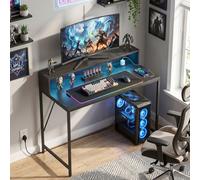 Homcom Gaming Desk With Led Lights And Power Outlets, Black Wood-Effect