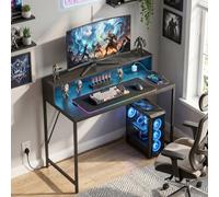 HOMCOM Gaming Desk with LED Lights and Power Outlets, Black Wood-Effect