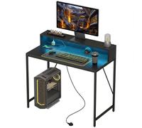 Homcom Gaming Desk With Led Lights And Power Outlets, Black Wood-Effect Black