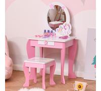 HOMCOM Kids Dressing Table, Girls Dressing Table w/ Mirror & Stool, Unicorn Play Toy for Age 3-6 Years, Acrylic Mirror, Pink & White Aosom UK