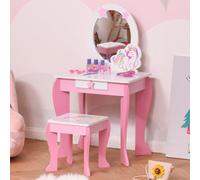 HOMCOM Kids Dressing Table, Girls Vanity Set with Mirror & Stool, Unicorn in Pink HOMCOM Pink