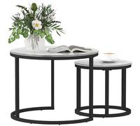 HOMCOM Glass Coffee Table Set of 2, Round Nest of Tables with Marble-Effect Tempered Glass Tabletop and Steel Frame, Modern Side Tables for Living Room, White