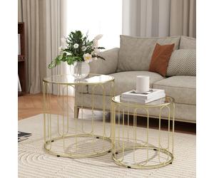 HOMCOM Gold Tone 2-Piece Nesting Coffee Tables with Round Glass Tops and Elliptical Frame - Model 83B-247V00GD