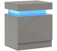 HOMCOM Grey Bedside Table with LED Light, High Gloss Front Nightstand with 2 Drawers, for Living Room, Bedroom