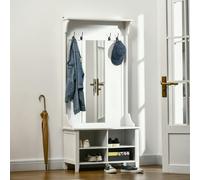 HOMCOM Hallway Furniture Set Shoe Bench Storage Mirror Cabinet with 4 Hooks, White