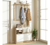 HOMCOM Hallway Furniture Set with Shoe Cabinet, Coat Rack and Mirror, Grey - Natural wood finish