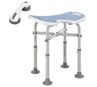 HOMCOM Height Adjustable Shower Stool, Suction Grab Rail, Light Blue | Aluminium Shower Chair, U-Shaped Padded Seat, Non-Slip Bath Stool, for Elderly, Disabled, Seniors, Pregnant