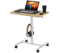 HOMCOM Height Adjustable Standing Desk, Pneumatic Sit Stand Desk for Laptop, Mobile Overbed Table with Wheels and Headphone Hook for Home Office Wood