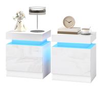 HOMCOM High Gloss Bedside Table with LED Light & 2 Drawers, Set of 2, White, White