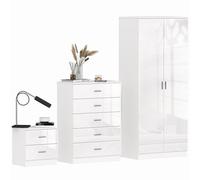 Tall White High Gloss Wardrobes 3 Pc Home Furniture Set Chest Bedside Table 7 Drawer - Home Living | TJ Hughes