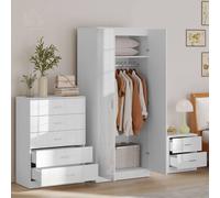 HOMCOM High Gloss 3 Piece Bedroom Furniture Set Wardrobe Drawers Chest Bedside, White