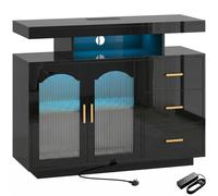 HOMCOM High Gloss Sideboard with LED Lights, Built-in Power Outlets, 3 Drawers, Shelves and 2 Acrylic Doors, Black