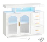 HOMCOM High Gloss Sideboard with LED Lights, Built-in Power Outlets, 3 Drawers, Shelves and 2 Acrylic Doors, White