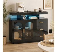 HOMCOM High Gloss Sideboard with LED Lights, Power Outlets, Drawers, Black