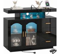 Homcom High Gloss Sideboard With Led Lights, Power Outlets, Drawers In Black Black