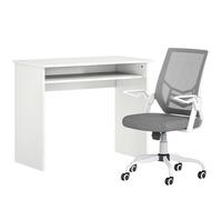 HOMCOM Home Office Furniture Set, Modern Computer Desk with Storage Shelf and Ergonomic Mesh Chair with Flip-Up Arms, Lumbar Support, Adjustable Height, Swivel Wheels, White and Grey