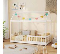 HOMCOM House-Shaped Kids Bed Frame, Solid Pine Wood Single Bed Frame with Safety Fence for Kids Boys and Girls, White White
